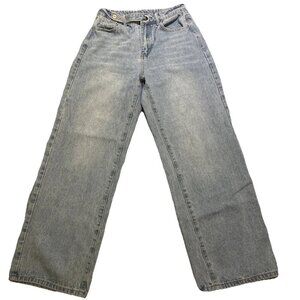 DAZY Jeans Women’s Sz M Blue High Rise Wide Leg Light Washed Denim Whiskers 90’s
